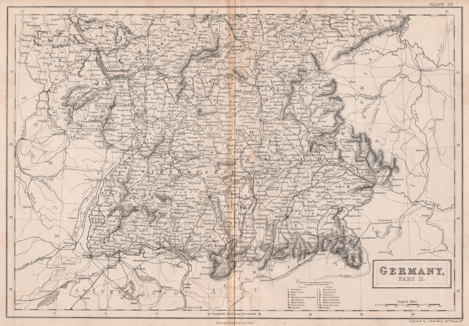 Southern Germany. Railways. BRITANNICA 1860 old antique vintage map plan chart